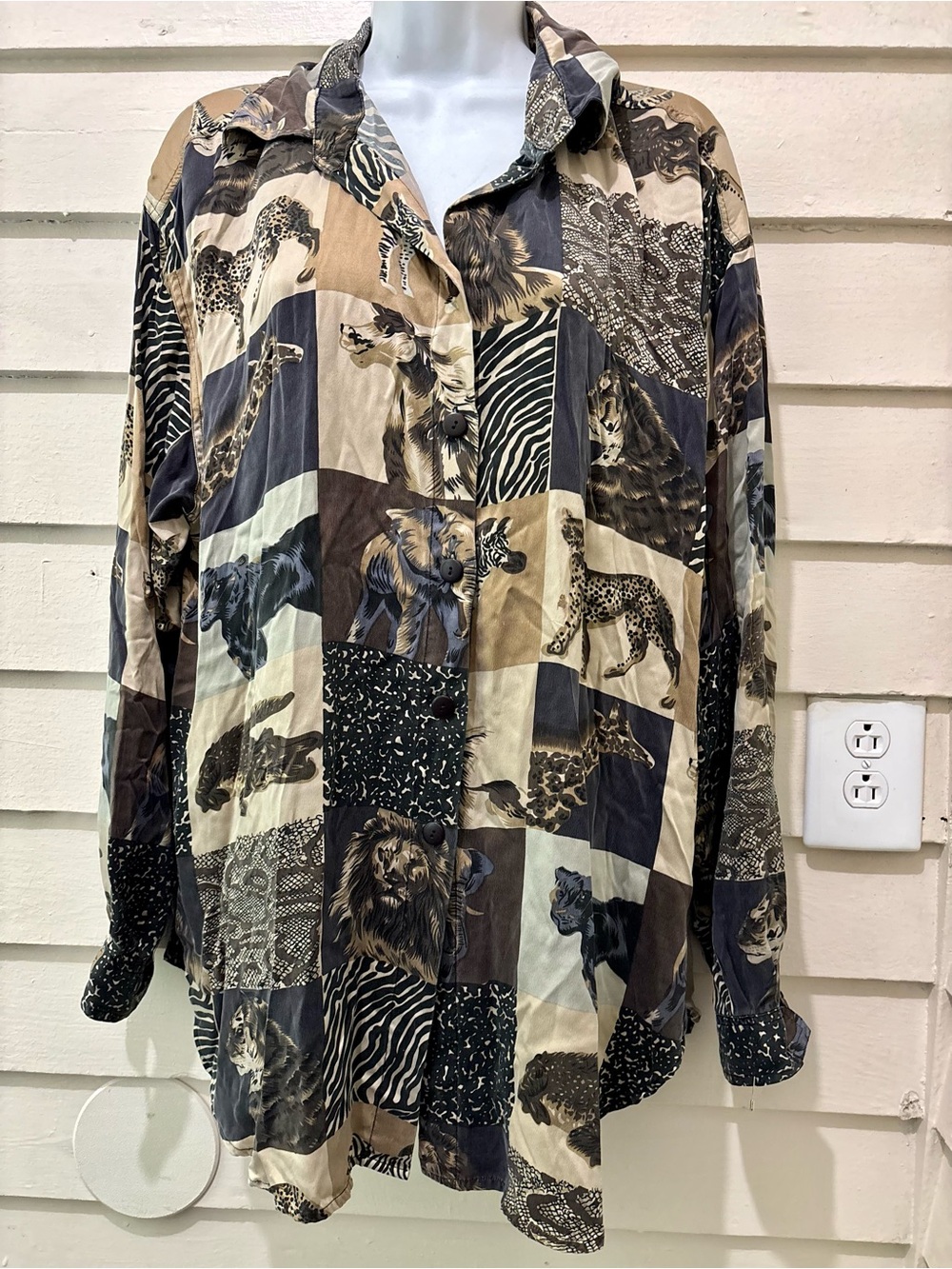 Vintage Dorman 100% Silk Safari Animal Patchwork Print Button Front Blouse